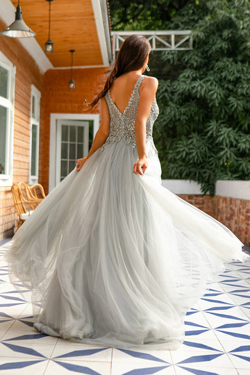 Grey V-Neck Beaded Long Ball Dress